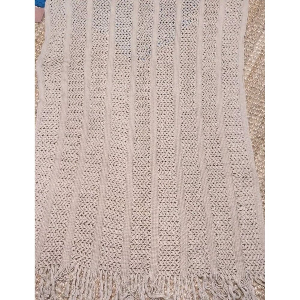 Open Knit Fringed Cottagecore Throw Shawl Beige Soft Cover Boho Hippie 34 x 72